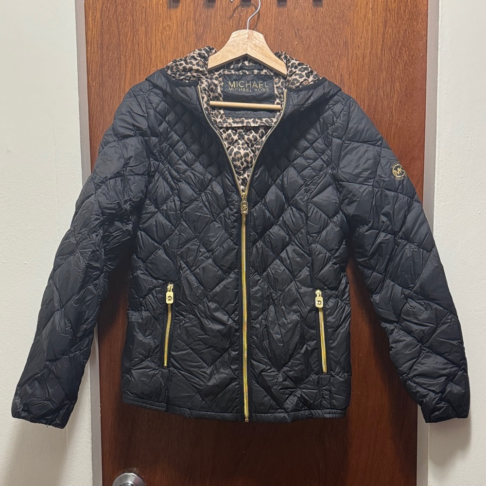 Michael Kors Black Quilted Packable Down Fill Jacket with Gold Hardware